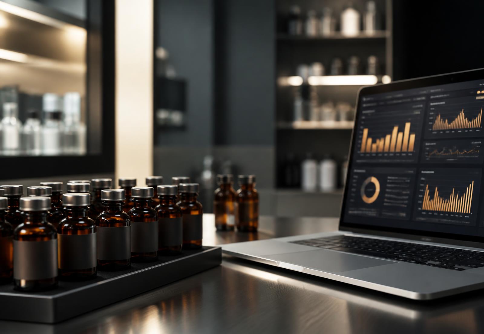 Labeled research vials beside a laptop showing an ecommerce operations dashboard